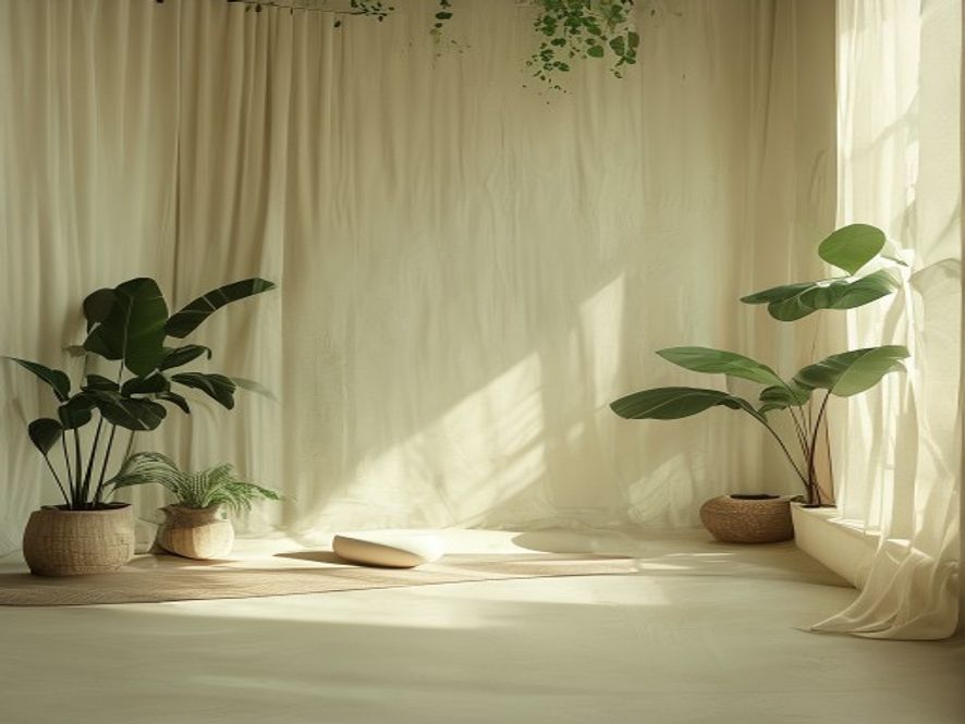 Minimalistisk meditationsmiljø med planter og naturligt lys